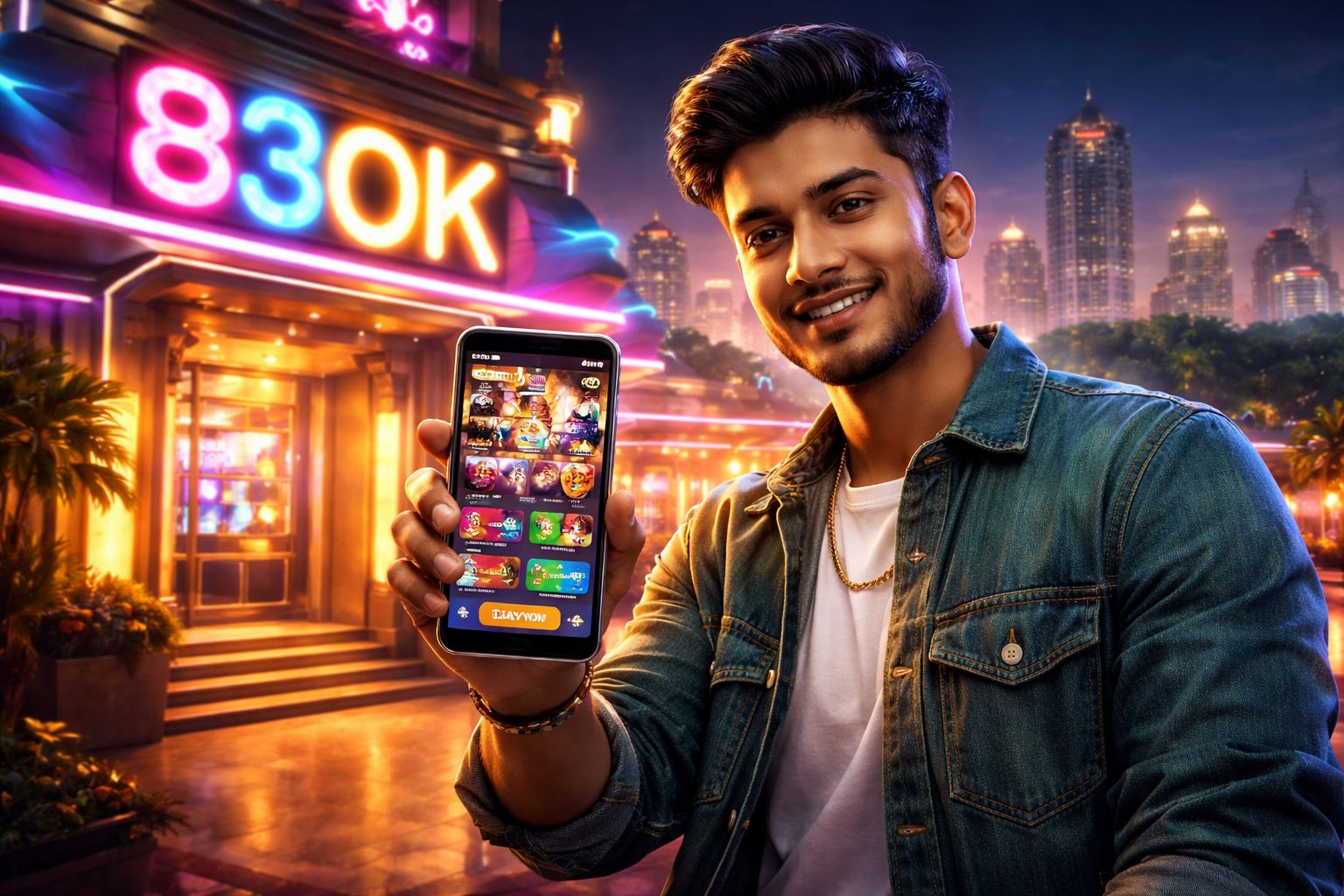 Refined Bangladeshi casino presenter showcasing the gaming table with bright tokens symbolising trust and exhilarating excitement at 83OK lobby