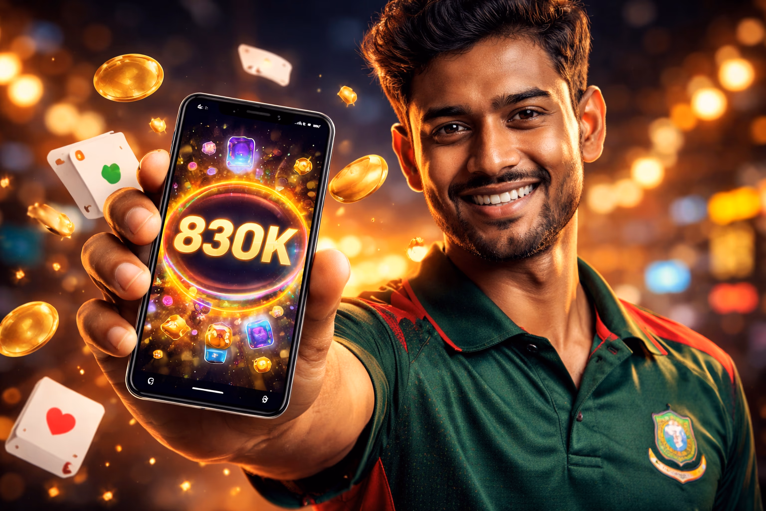 Bangladeshi player tapping the 83OK app on a smartphone with glowing slot symbols and golden coins around the screen