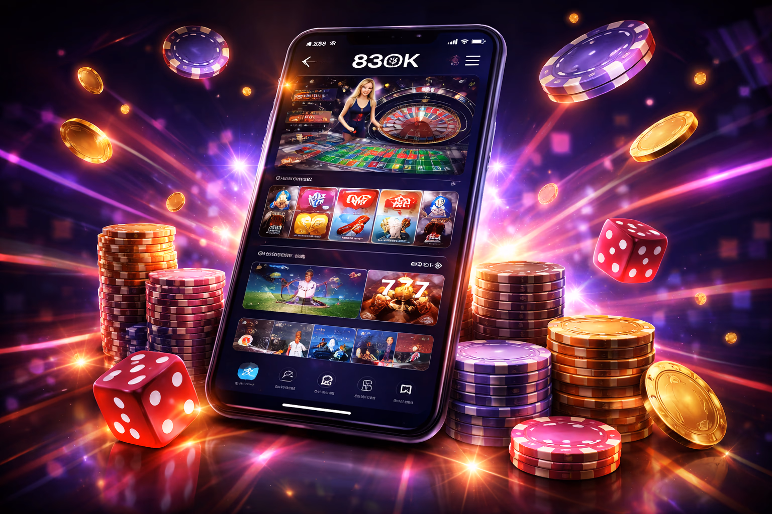 Happy Bangladeshi gamer enjoying the 83OK mobile app with floating cards, dice, and bright slot icons in the background