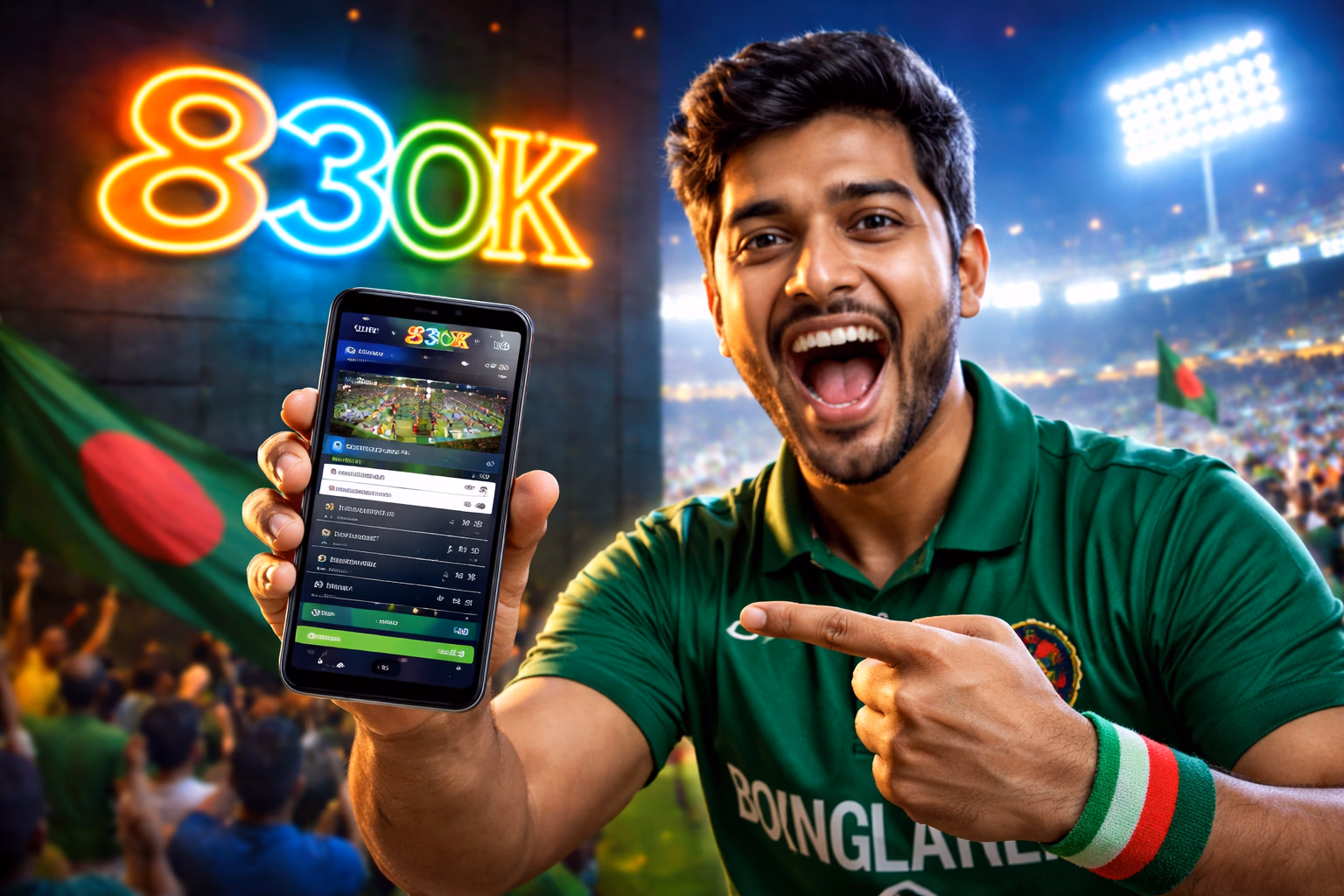 Confident Bangladeshi sports fan placing live cricket wagers on a laptop while monitoring match action on a wall-mounted screen using the 83OK betting platform