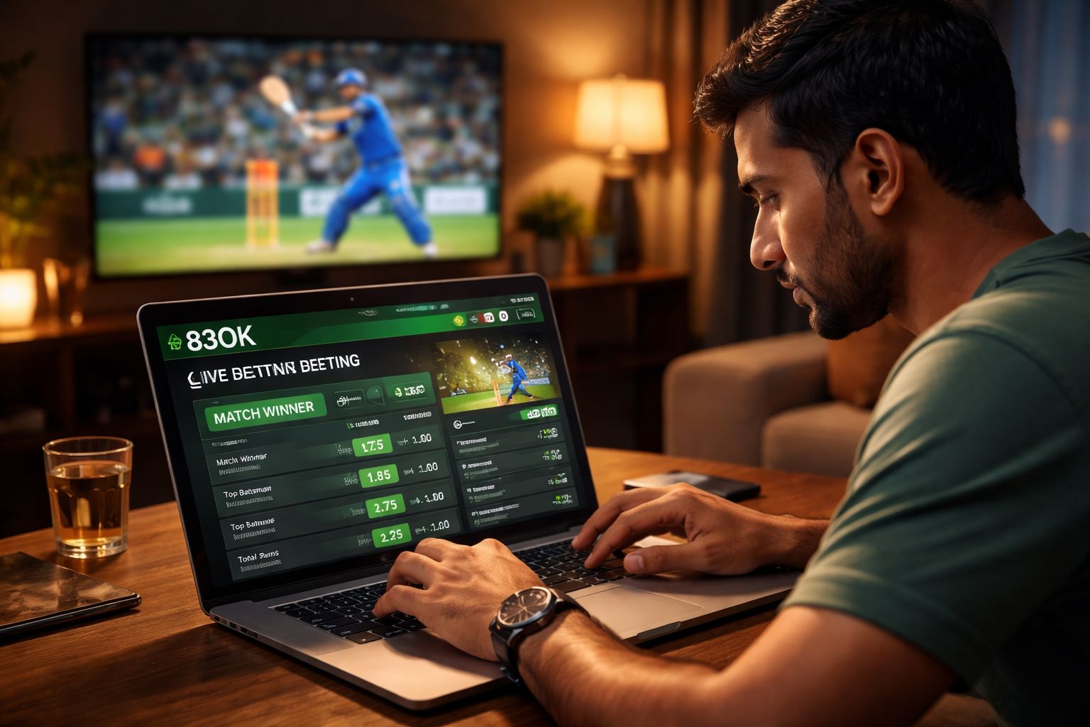 Focused Bangladeshi bettor reviewing live cricket markets on a laptop with 83OK while a televised match plays in a comfortable living room setup