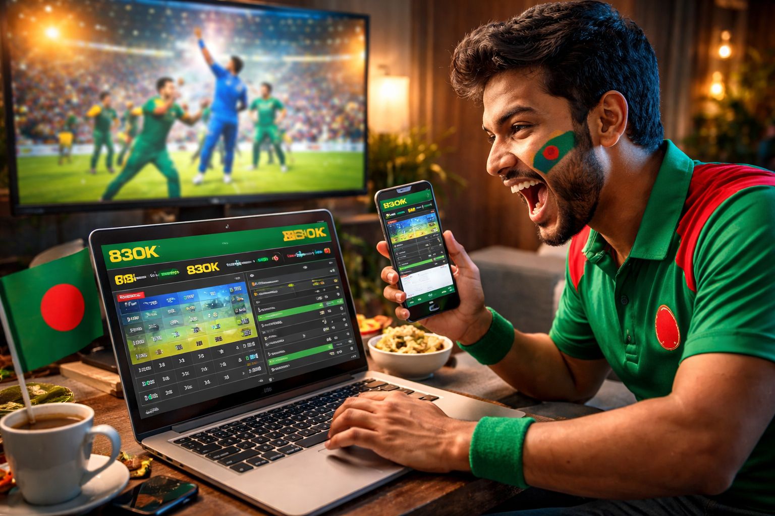 Engaged Bangladeshi punter using a laptop and smartphone simultaneously while watching live cricket coverage and confirming bets on 83OK