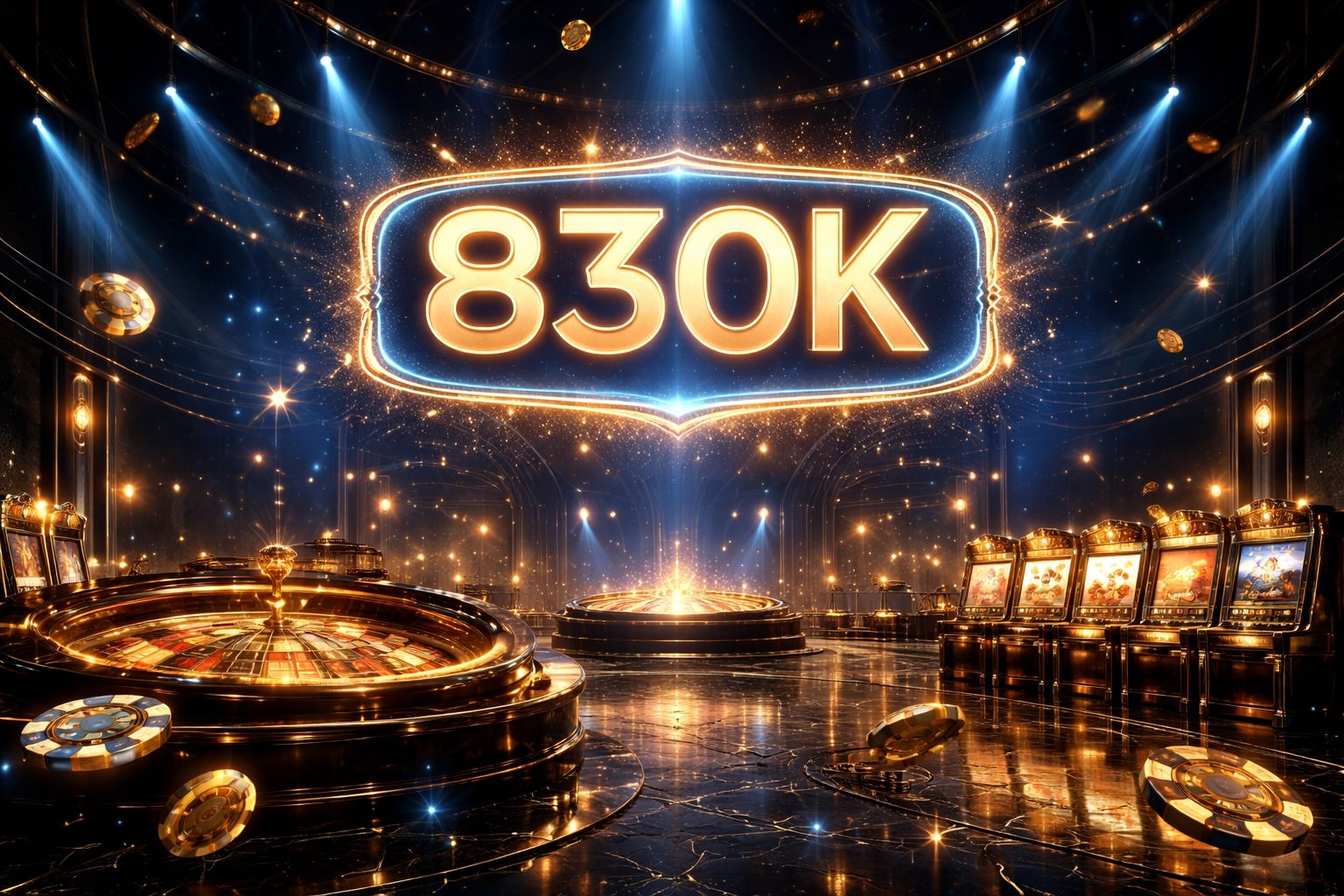 Glowing 83OK neon billboard above a modern casino floor with roulette wheels and shimmering slot reels for Bangladesh players