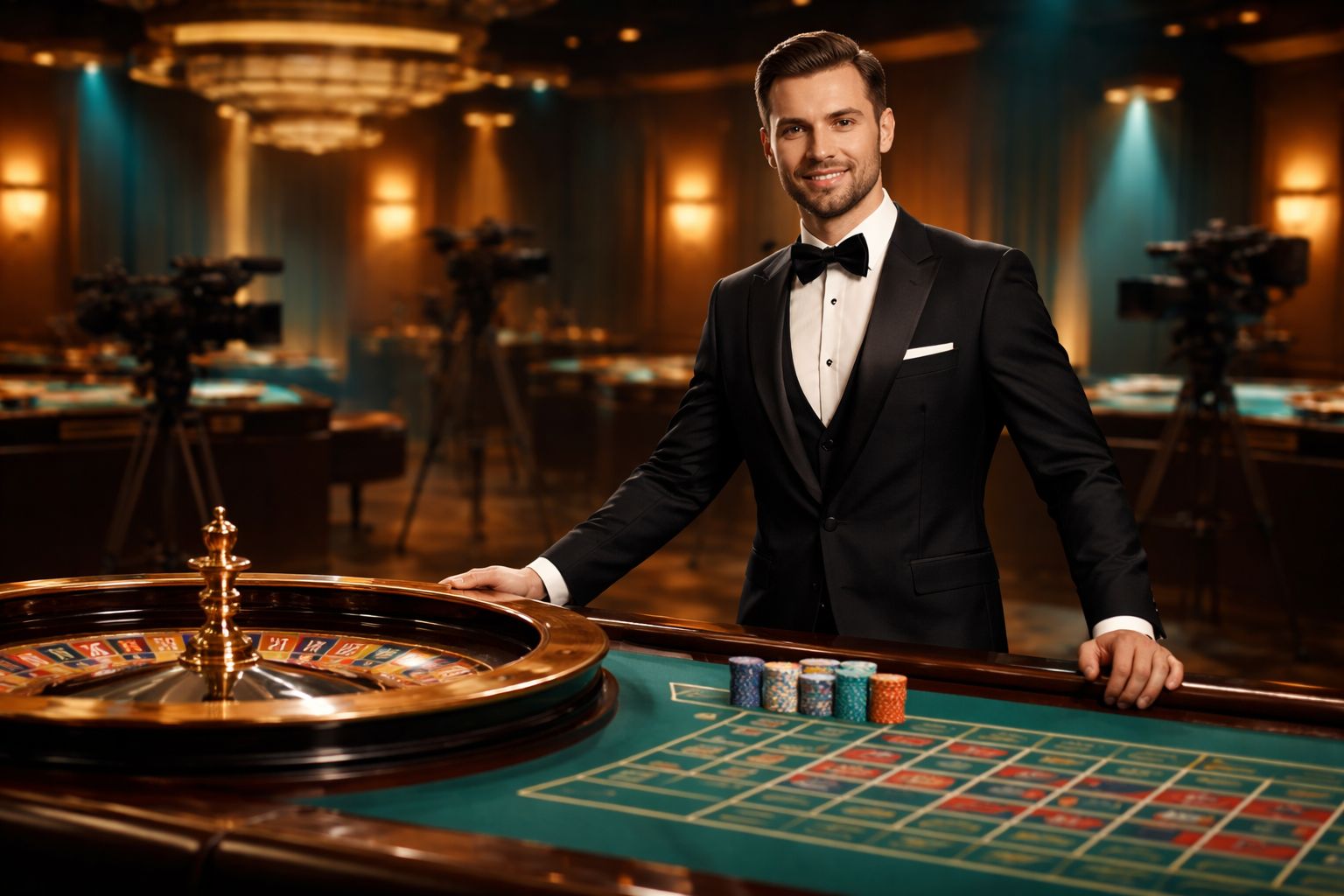 Professional croupier in formal attire smiling beside a roulette table with elegant decor and warm lighting for the 83OK Bangladesh casino