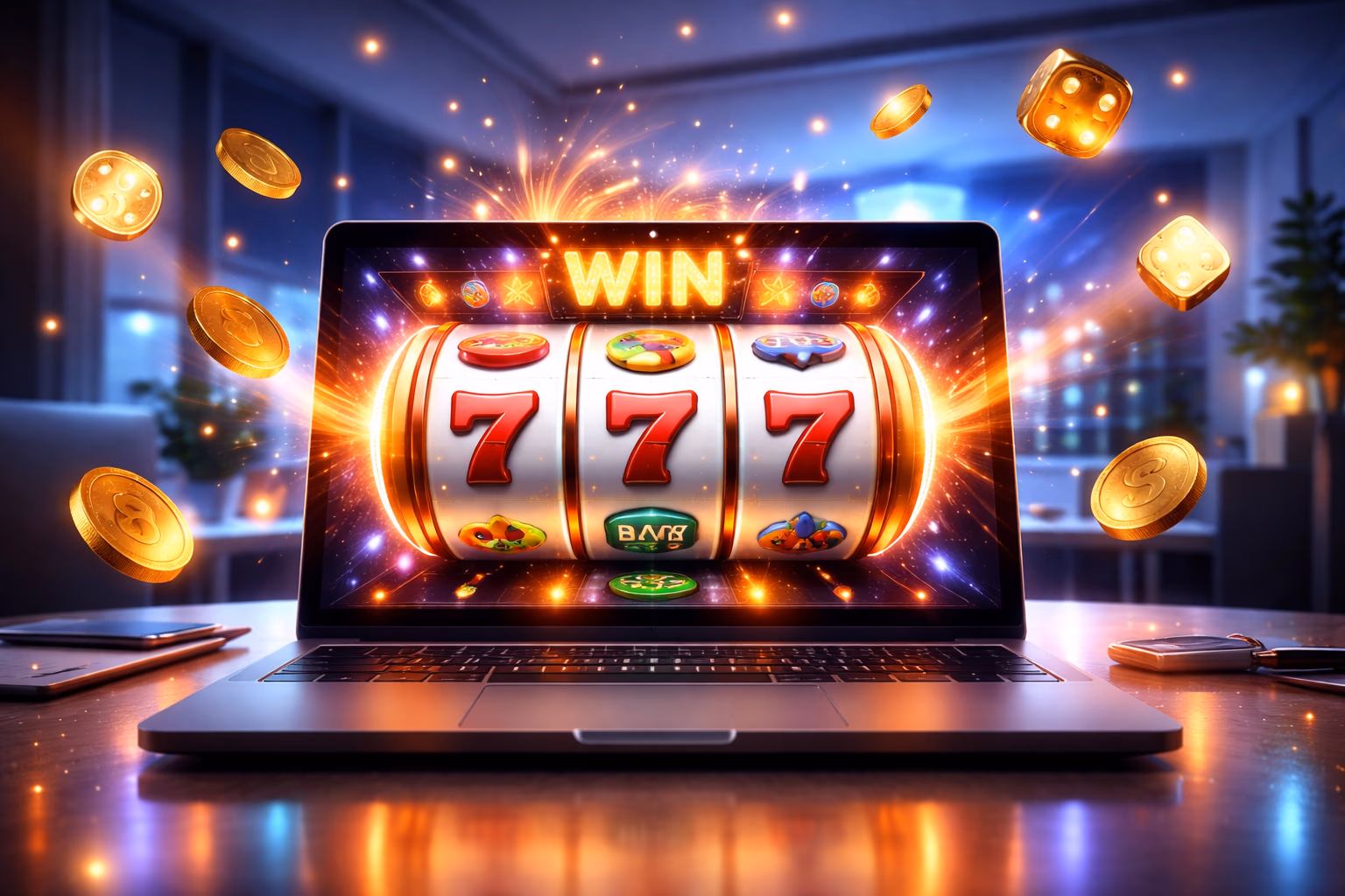 Modern desktop monitor displaying the 83OK crash multiplier game with neon graphs and golden bet chips creating a vivid digital gaming environment