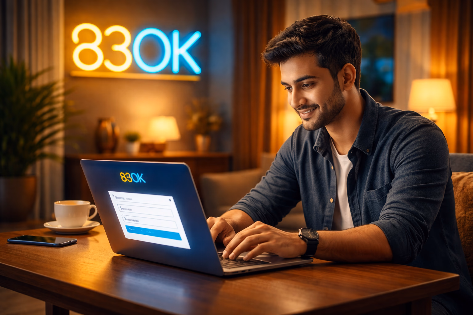 Confident Bangladeshi host gesturing toward a glowing 83OK login key floating in a vibrant gaming lounge
