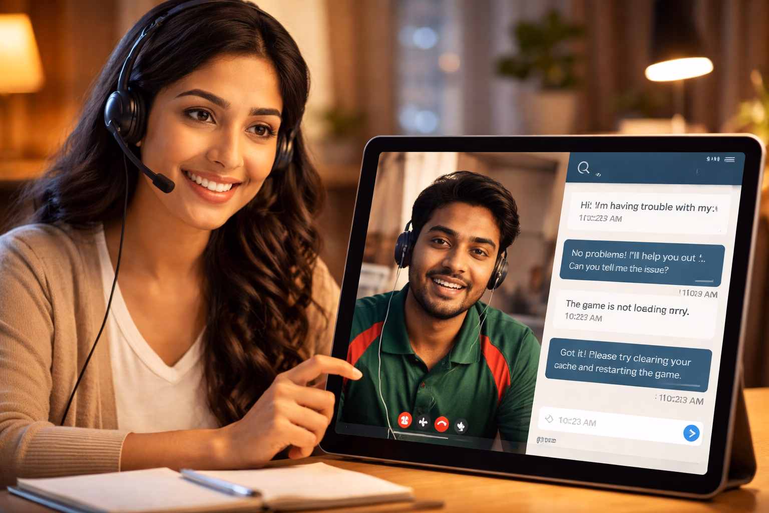 Elegant Bangladeshi gaming host welcoming members to the 83OK login lobby with shining lights and floating tokens