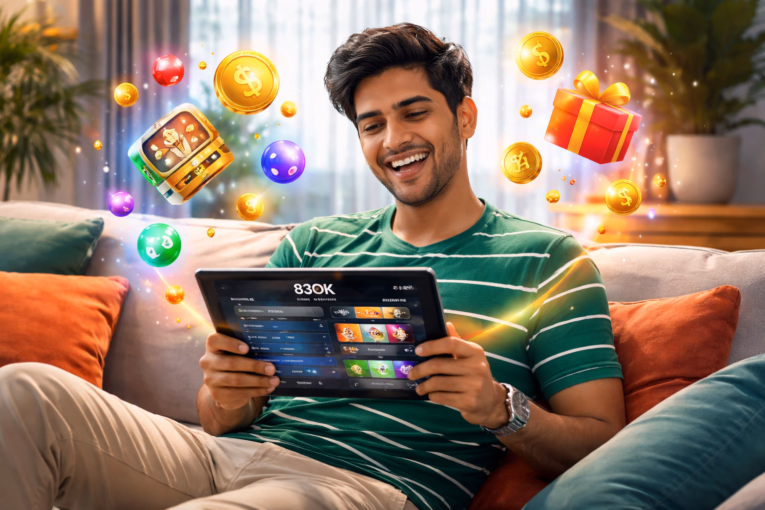 Cheerful Bangladeshi gaming host welcoming members into the 83OK login arena with sparkling lights and floating coins