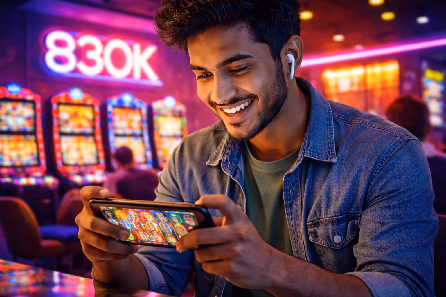 Cheerful Bangladeshi player enjoying a vibrant slot machine with sparkling jackpot symbols at 83OK casino